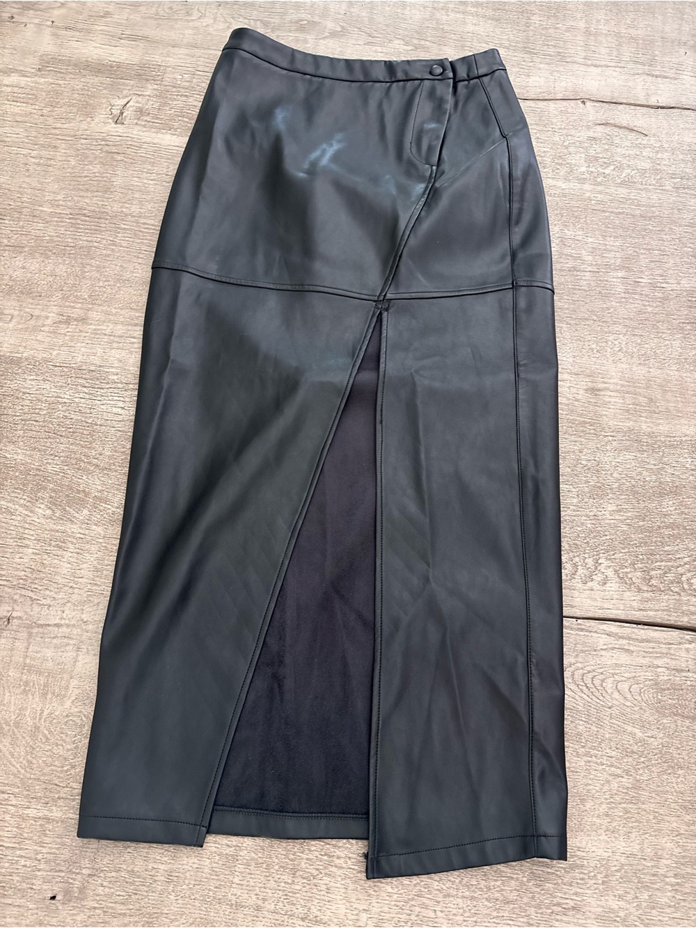 Heartloom Black Faux Leather Midi Skirt with Front Slit